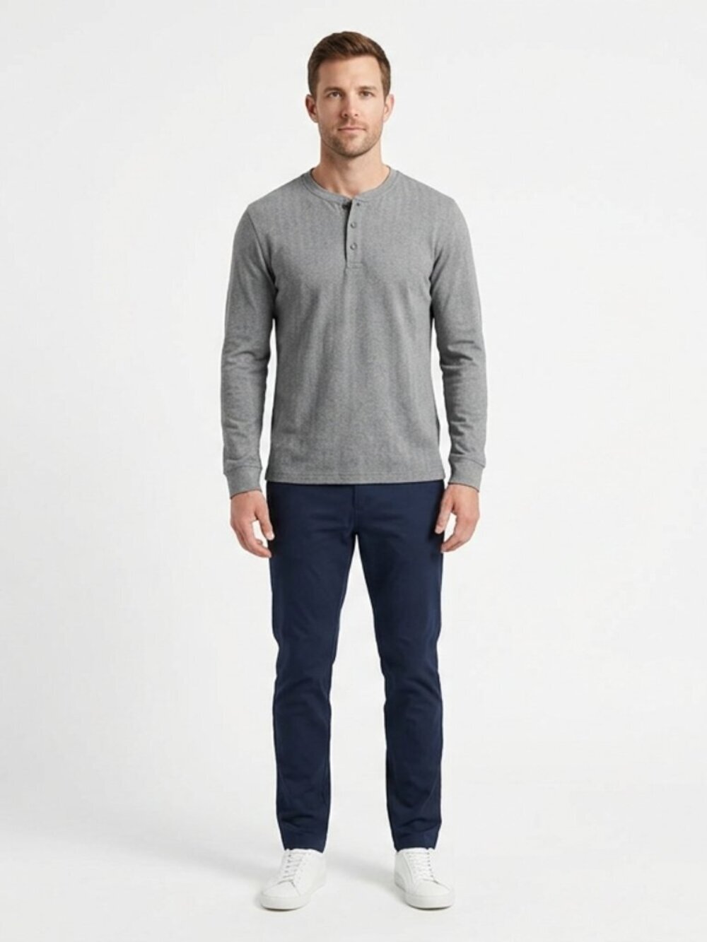 Mizzen+Main Men's Long Sleeve Gray Herringbone Henley Shirt
